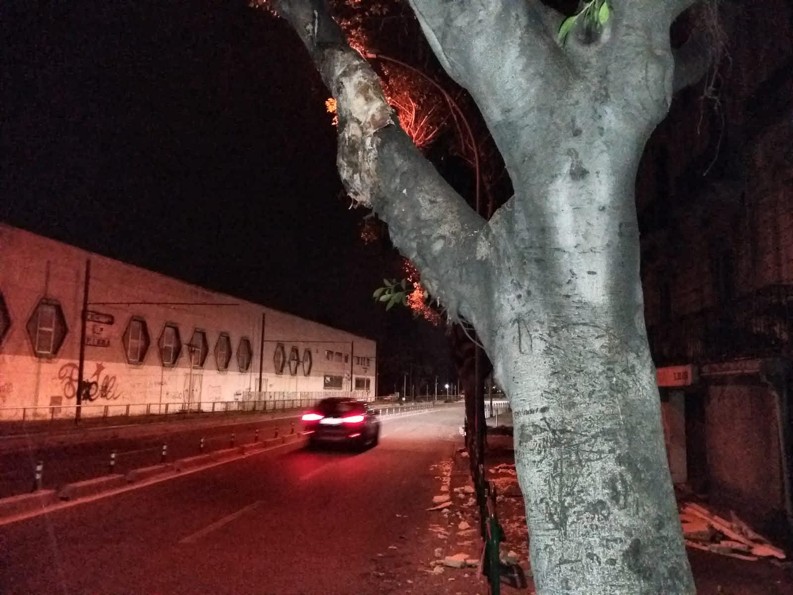 Viale della Libertà, tronco sporgente squarcia fiancata di un furgone