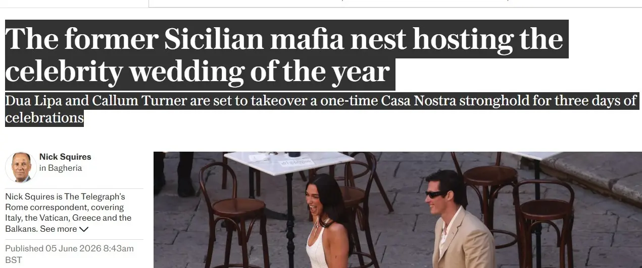 “Sicilia covo di mafia”, polemiche per il titolo del Telegraph sul matrimonio di Dua Lipa