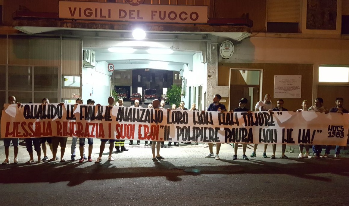 Striscione Nocs agli eroi di Messina, i Vigili del Fuoco ringraziano
