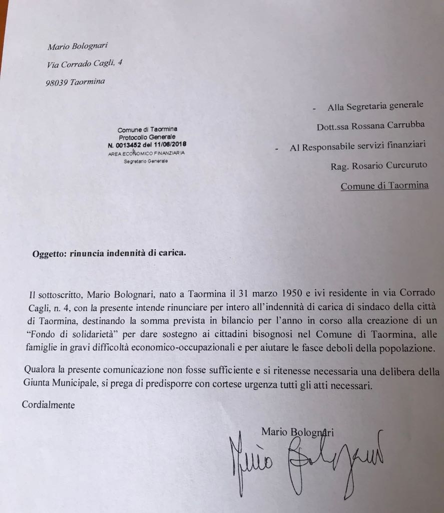 Taormina: Bolognari rinuncia ad indennità di carica per aiutare famiglie in difficoltà