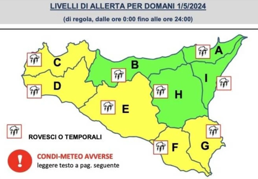 Primo Maggio con la pioggia, allerta gialla in mezza Sicilia