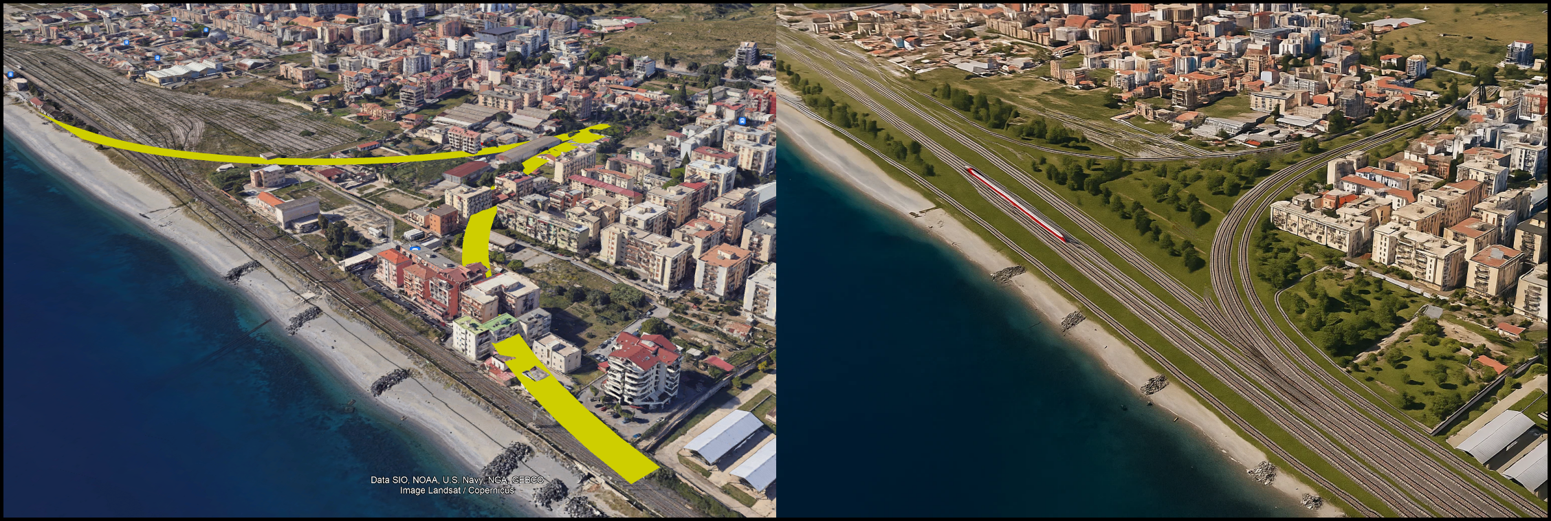 BOZZA DI RENDERING DI COME POTREBBE ESSERE LO SNODO CONTESSE DOPO LA DEMOLIZIONE DI PALAZZI GIÀ PREVISTA DAL PD2011